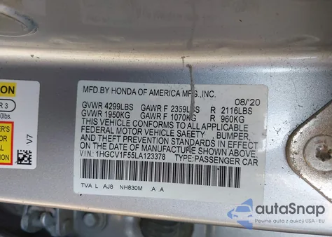 2020 Honda Accord Ex-L из США, поврежденный, VIN 1HGCV1F55LA123378